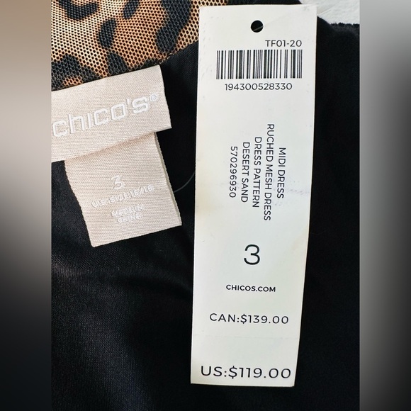 Chico's Midi Dress Ruched Mock Neck Mesh Dress Animal Print Size 16/18 - Picture 2 of 10